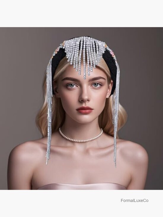 Handmade Rhinestone Tassel Headband, Bohemian Hair Crown, Wide Brim Headwear, main image 5